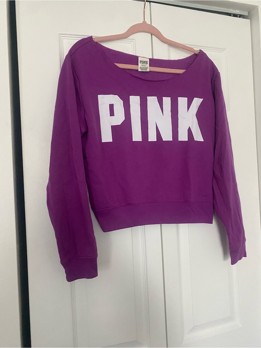 PINK Victoria's Secret Purple Cropped Sweatshirt with White Logo
